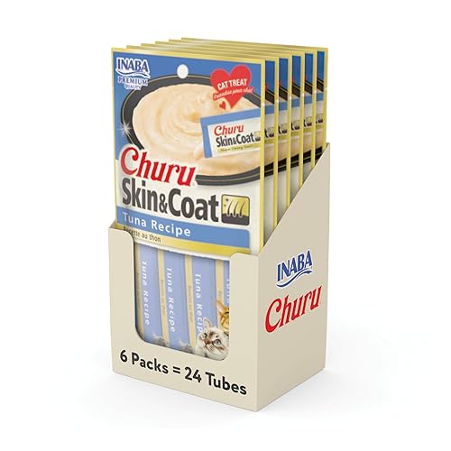 INABA Churu for Skin & Coat, Lickable, Squeezable Cat Treat with Omega Oils, Taurine and Vitamin E, 14 grams Each Tube, 24 Tubes, Tuna Recipe - Tuna Recipe - 14 g (Pack of 24)