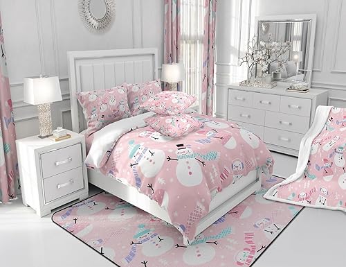 Miniatura 6 de jejeloiu Juego de sábanas de Navidad rosa tamaño matrimonial, juego de sábanas de muñeco de nieve para niños y niñas, sábanas de árbol de Navidad