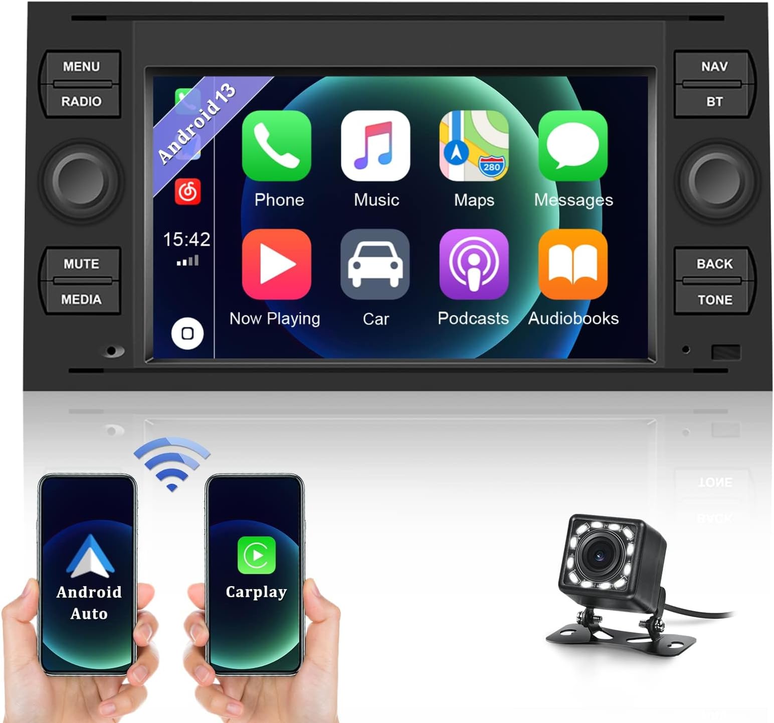 – Android 13.0 Car Stereo for Ford Fiesta Focus Kuga Transit Connect Mondeo S-Max with Apple Carplay Android Auto Car Radio with 7” HD Touchscreen, GPS Sat Nav, WiFi, Bluetooth, FM, Rear Camera