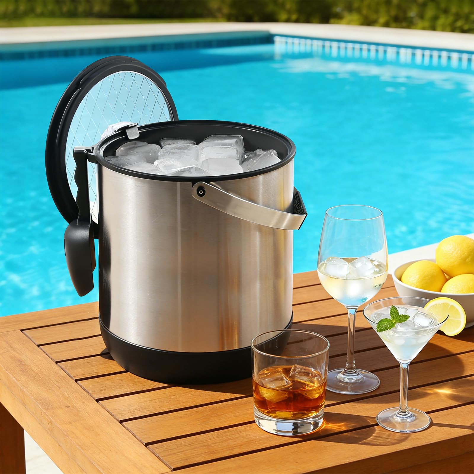 Cubitera de 6,8 L con tapa y pala, acero inoxidable, sin BPA, doble pared, aislado para cócteles y fiestas