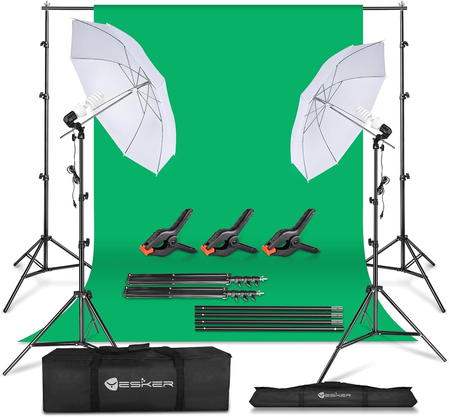Yesker Photography Lighting Umbrella Kit, 6x9ft Green Screen Kit Backdrop Continuous Lighting Umbrella, 8.5x10ft Background Support System for Studio Photo Portrait Video Streaming