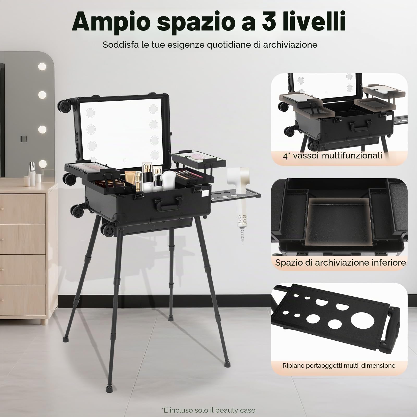 Valigetta per trucchi, professionale, grande, con luce LED e specchio, con chiusura a chiave, con 4 ruote, gamba regolabile per trucchi professionali, parrucchieri (nero), Nero , Viaggi