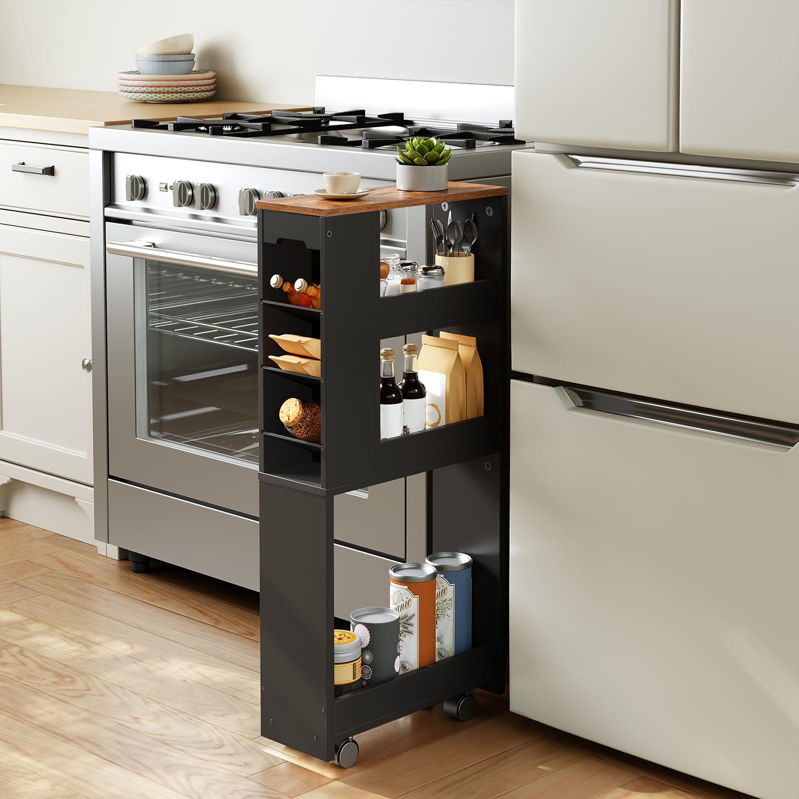 HOOBRO Carro Estrecho de 4 Niveles, 40 x 15 x 85,5 cm, con 4 Ruedas Giratorias Bloqueables, para Espacio Pequeño, Cocina, Baño, Sala de Estar, Negro y Marrón Rústico EBF84TC01