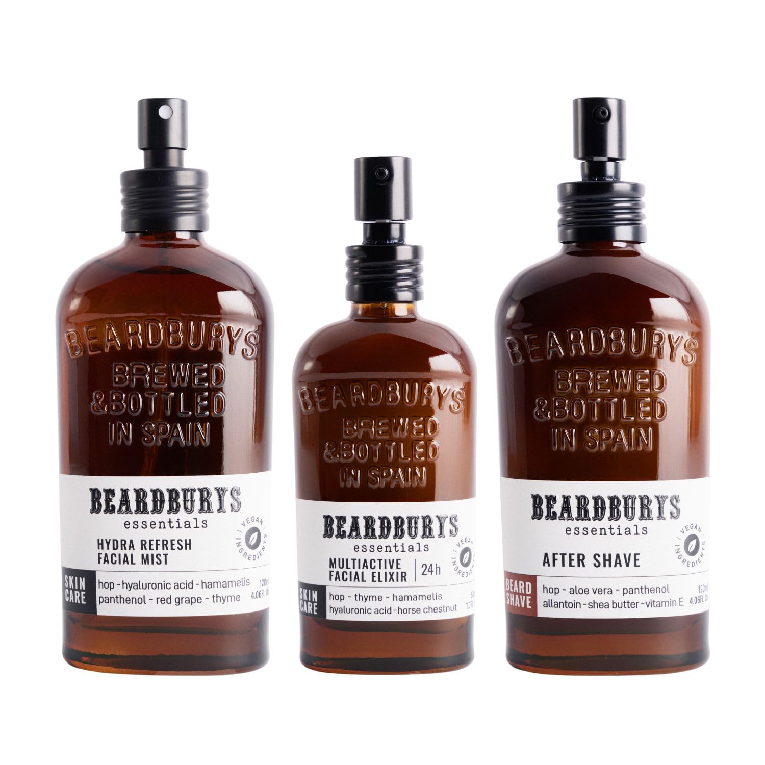 Beardburys Essentials Skincare | Pacchetto di routine facciale per uomini. Kit crema idratante + nebbia facciale + dopo barba da barba. Cosmetici con acido ialuronico e luppolo. Skincare Face Man