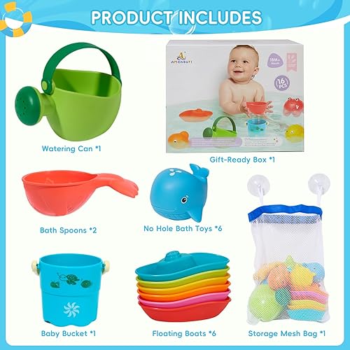 Miniatura 5 de Juguetes de baño para bebés para niños, 16 juguetes de agua para bañera sin moho con botes flotantes, cucharas y bolsa de almacenamiento, sin