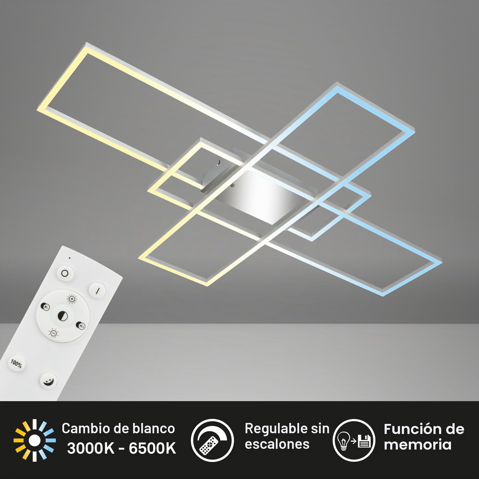 BRILONER - Lámpara de techo LED con mando a distancia, regulable, ajustable de blanco cálido a blanco frío, lámpara LED, lámpara de techo, 104x71x9,5 cm, Cromo