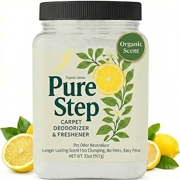 Carpet Deodorizer Powder with Organic Lemon Scent - Pet Safe 32oz Carpet Freshener, Pet Odor Eliminator For Rugs, Upholstery, Mattresses - Non-Clumping Formula with Easy Pour Shaker Lid - USA Made