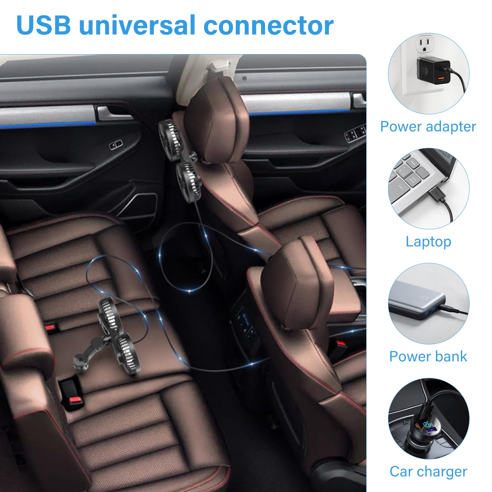 Ventilatore auto doppia testa con USB e batteria, 360° girevole, 3 velocità, silenzioso, ventilatore portatile, ventola usb scrivania, ventilatore da tavolo, alternativa a aria condizionata portatile