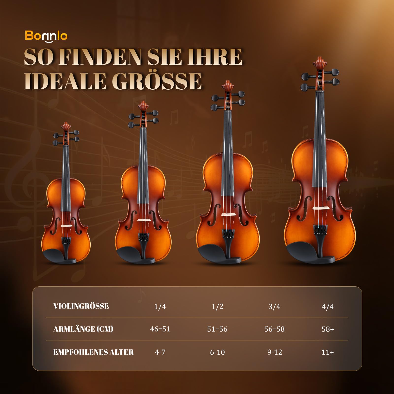 Bonnlo Violino per Bambini e Principianti, Misure 1/4, 1/2, 3/4 e 4/4, Violino in Legno Compensato di Tiglio con Acro in Legno Rosso, Astuccio, Colofonia e Mentoniera (Colore Classico, 1/4)