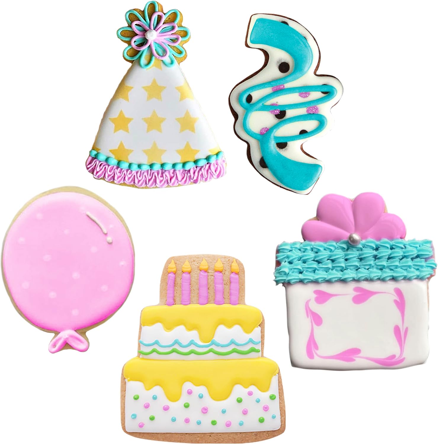 Birthday Cookie Cutters 5-Pc. Set Made in USA by Ann Clark, Balloon, Birthday Hat, Cake, Present, Confetti