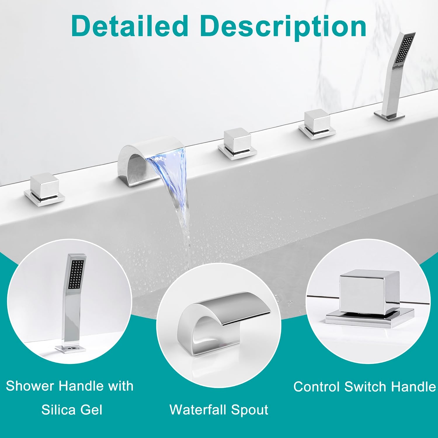 SKOWLL Waterfall Bathtub Faucet Deck Mount Tub Filler with Sprayer Polished Chrome 5-Hole Set with LED Spout and Handheld Shower