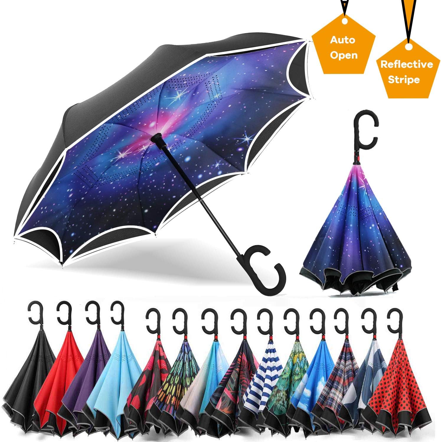 SIEPASA Auto-open Reverse Umbrella, Umbrella Windproof, Inverted Umbrella, Umbrellas for Women with UV Protection, Upside Down Umbrella with Safe Reflective Stripe(the Galaxy)
