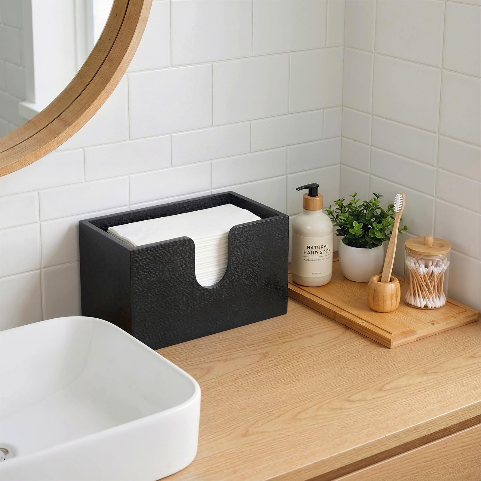Distributeur de Serviettes en Papier en Bambou - Support Mural ou de Table - 27,5 x 16 x 13 cm avec Couvercle magnétique - pour Pliées en V/C/Z, Cuisine, Salle De Bain, Noir