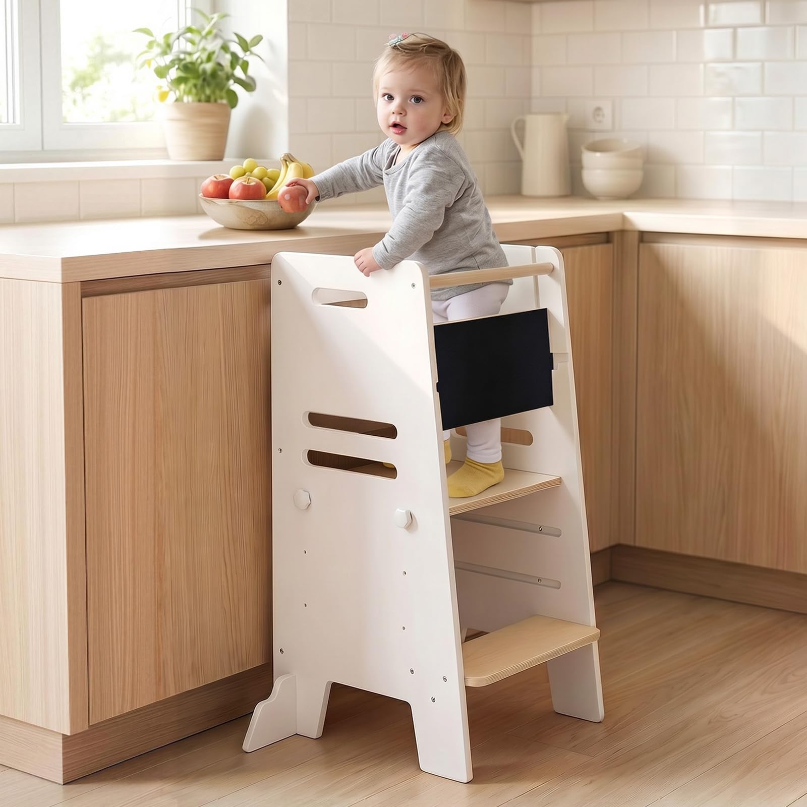 Labebe Torre Montessoriana Bambini da 1 Anno +, Learning Tower 3 in 1 con Lavagna e Seduta, Torre Montessori Regolabile in 3 Altezze, Aiuto Cucina Sicuro in Legno