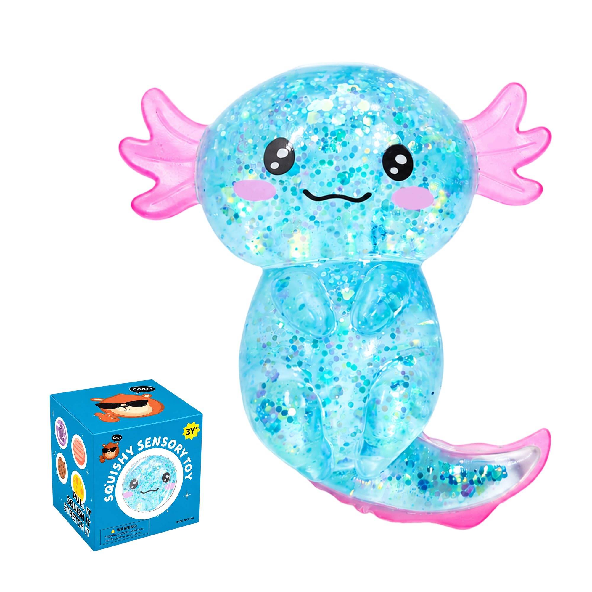Axolotl Squishy Stress Relief Toy, Glitter Fidget Cute Axolotl Toy(Blue)