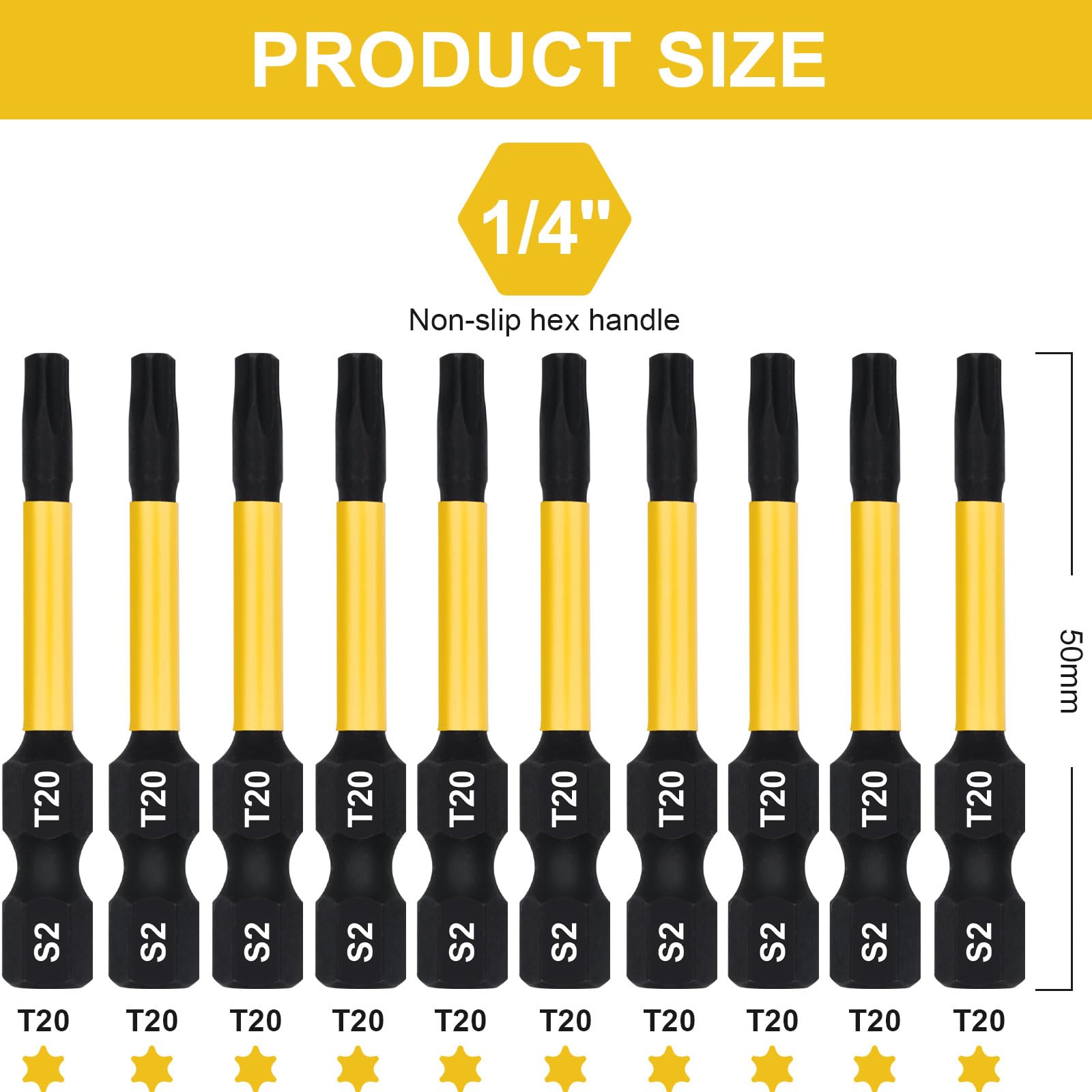 DAKCOS T20 Bit largo, Torx Bit T20, surtido de puntas de S2, punta de atornillado 1/4 vástago hexagonal (longitud 50 mm, 10 piezas)