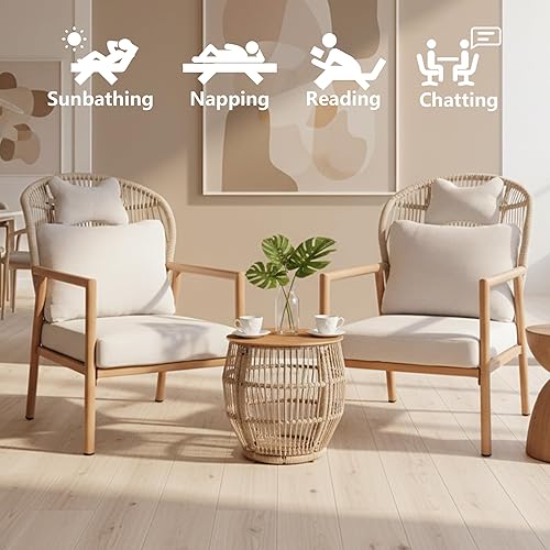 Miniatura 3 de DAYRUS - Juego de 2 sillas modernas para sala de estar, sillas decorativas con mesa auxiliar, cómodos brazos con cojines, silla de lectura de ratán