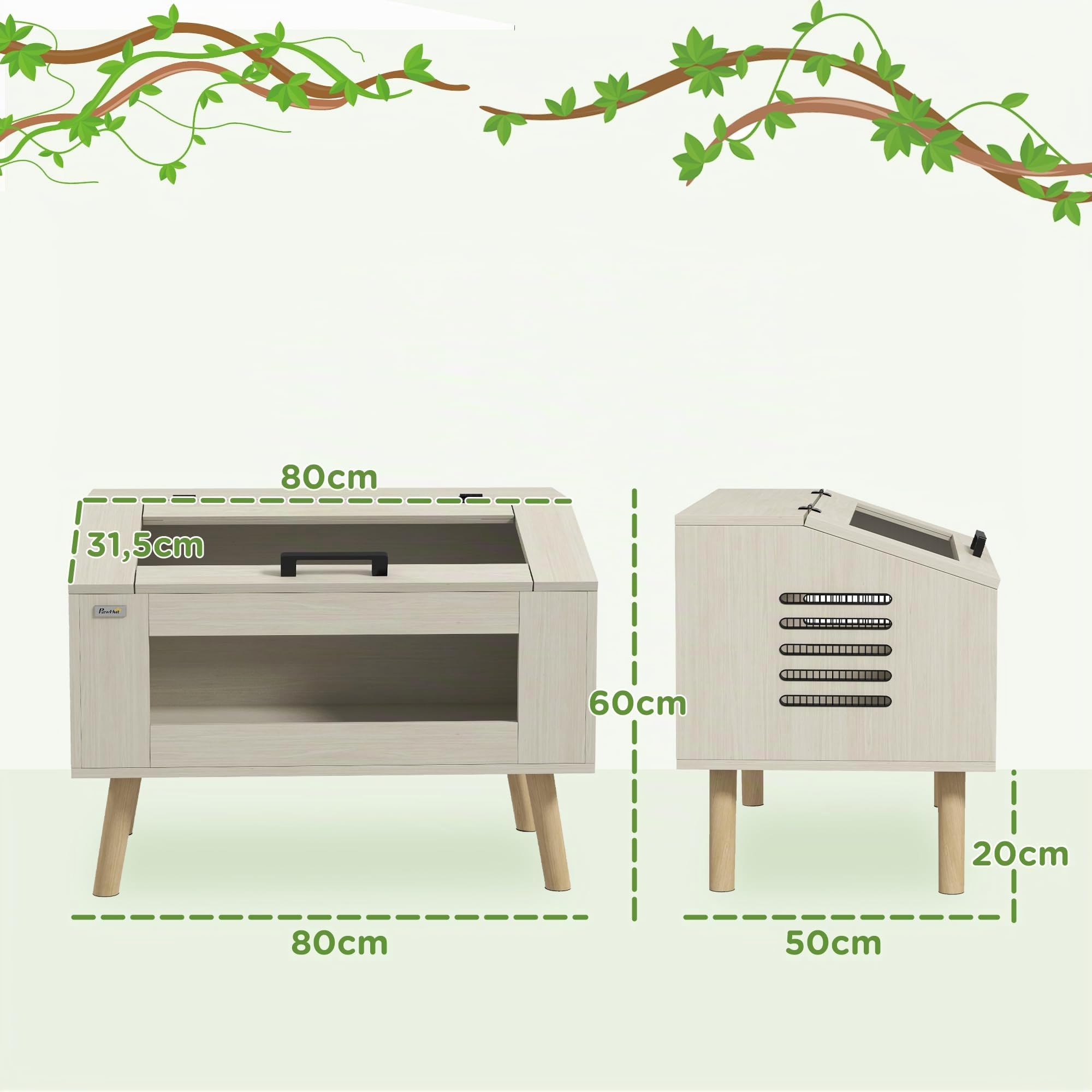 PawHut Terrario para reptiles con ventilación lateral, 111L terrario para serpientes con ventanas de vidrio templado, tapa, 80 x 50 x 60 cm madera natural