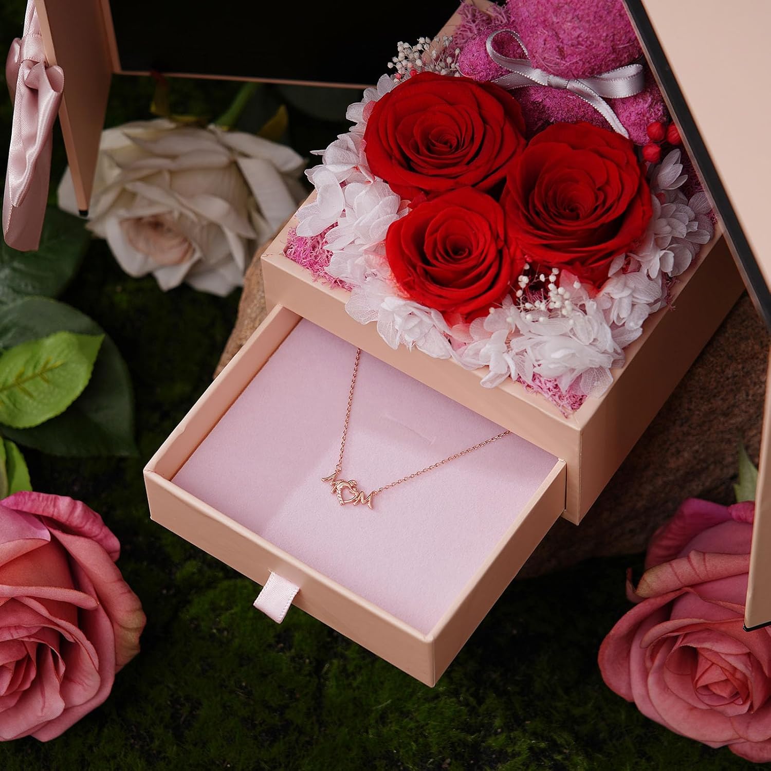 ADDWel Mom Gifts from Son Daughter, Unique Eternal Roses Gifts for Moms Birthday - Real Preserved Rose with Teddy Bear and Mom Necklace for Mama Mother Valentines Day Bday