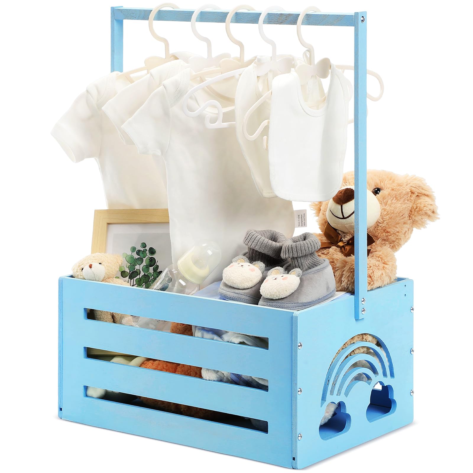 Yerliker Wooden Baby Shower Crate Closet Baby Shower Gifts Basket Storage Crate Hamper with Handle Personalized Basket for Newborn Boys Girls