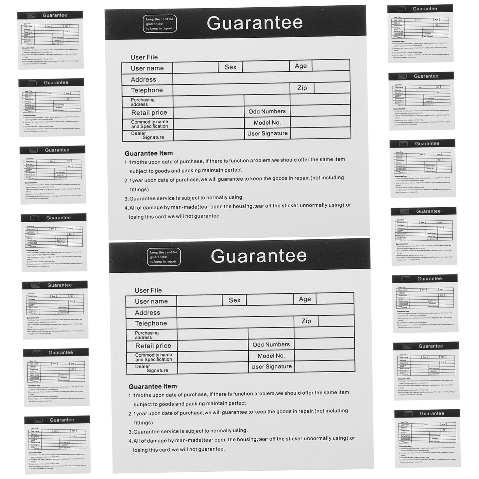 CALLARON 4 Sätze Garantiekarte Für Geräte Englische After- -karten Leere Kundendienstkarte Gerätewartungskarten Gerätereparaturkarten Papier 200 Stück * 4