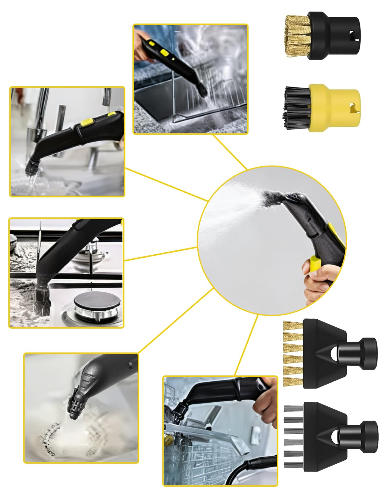 Kit de 9 piezas accesorios compatibles con limpiador de vapor Kärcher SC1 SC2 SC3 SC4 SC5, cepillo redondo, cepillo plano, boquilla curvada, cepillo de vapor manual, funda de paño de limpieza