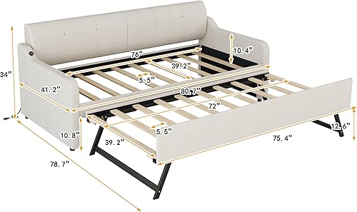 Miniatura 2 de SIYSNKSI Sofá cama de tapicería de tamaño individual con altura ajustable y diseño de carga USB sofá cama de tela tejida sofá cama para dormitorio