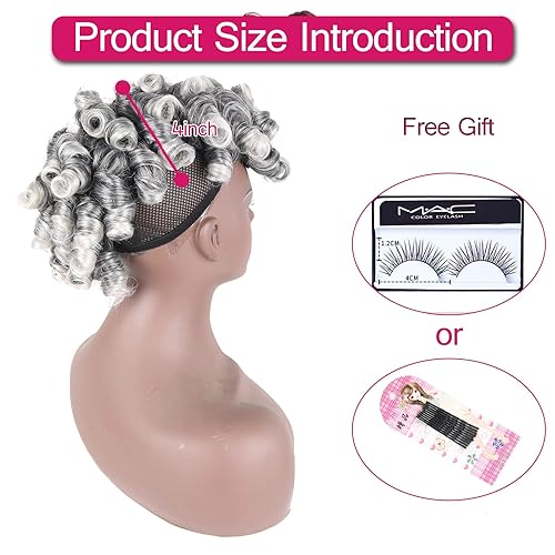 Miniatura 5 de Aisaide Peluca Rizada Mohawk  Gris Profundo Corto con Flequillo para Mujeres Negras, Postizo Sintético Afro Rizado Clip en Cola de Caballo Extensión