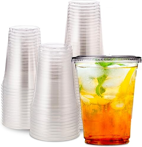 Miniatura 32 de Vasos desechables de plástico con tapas. Vasos transparentes de primera calidad, de 16 oz (onzas) PET para bebidas frías, café helado, zumos de té