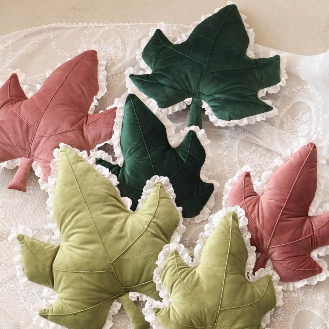 Leaves Throw Pillow, Maple Leaf Pillow, Decorative Throw Pillows with Lace Trim Plush Fall Pillow for Couch Sofa Bed (Light Green, 22" x 18.5")