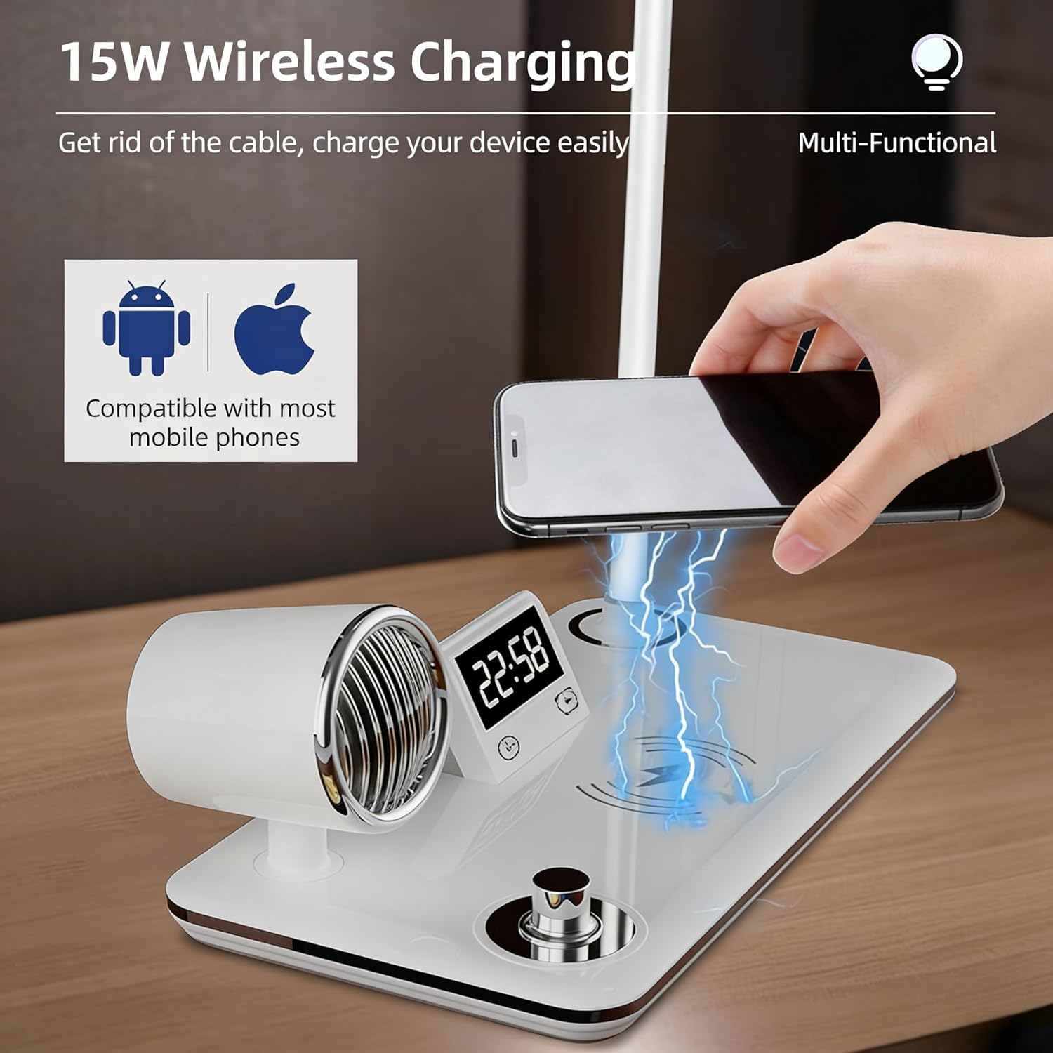4-in-1 Smart Desk Lamp with Wireless Charging, Bluetooth Speaker, Digital Clock, 15W Fast Charging, 3 Color Temperature Modes, Touch Control (White)