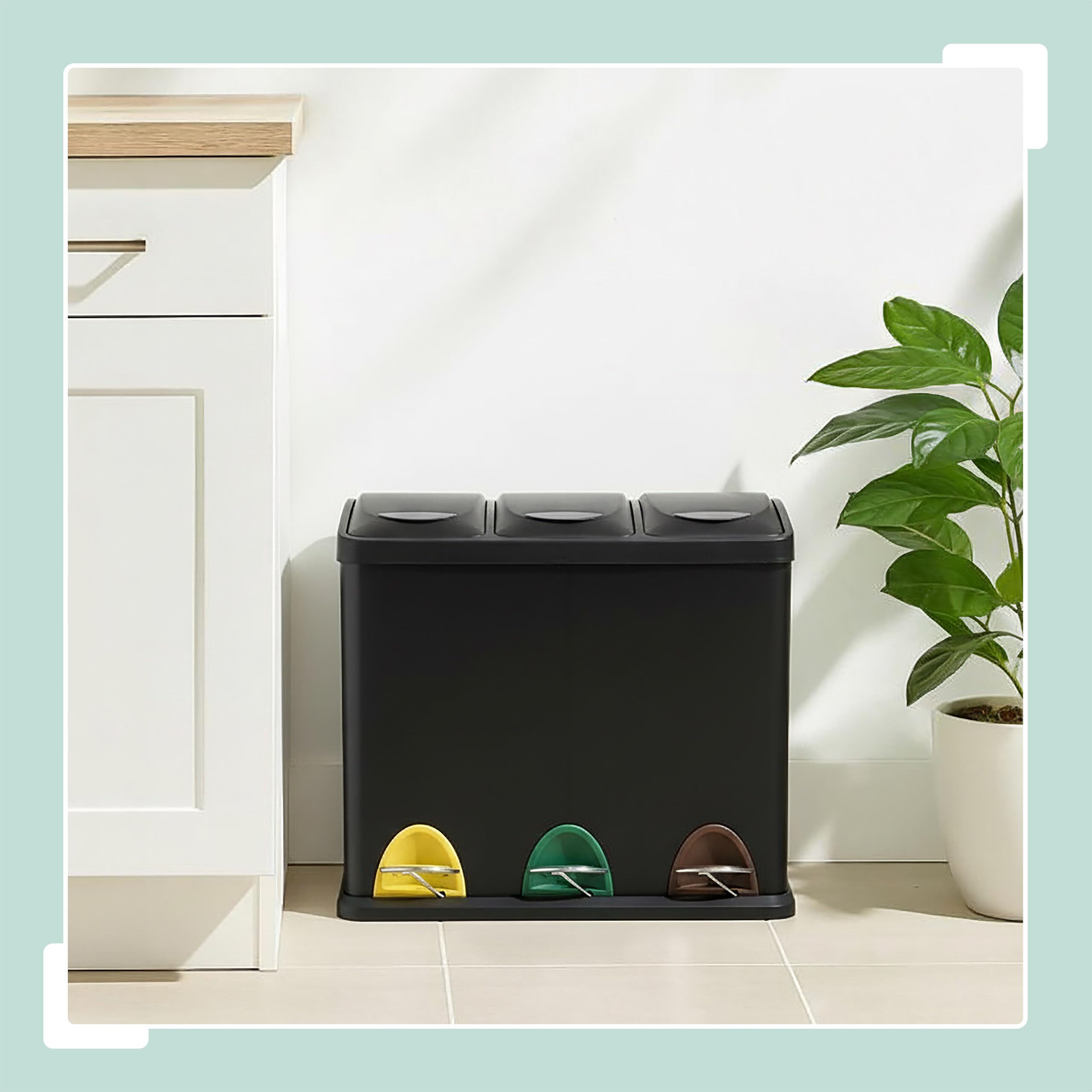 Relaxdays Poubelle 3 Compartiments 24L métal Noir avec pédale