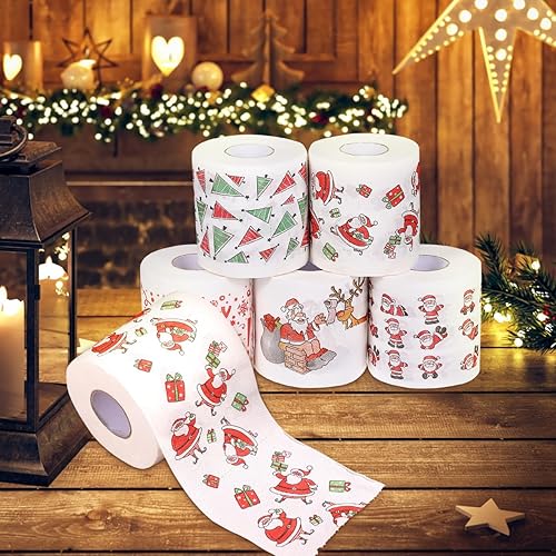 Miniatura 3 de EXCEART 5 rollos de papel higiénico de Navidad, servilletas desechables impresas para fiestas divertidas de Navidad, decoración de baño