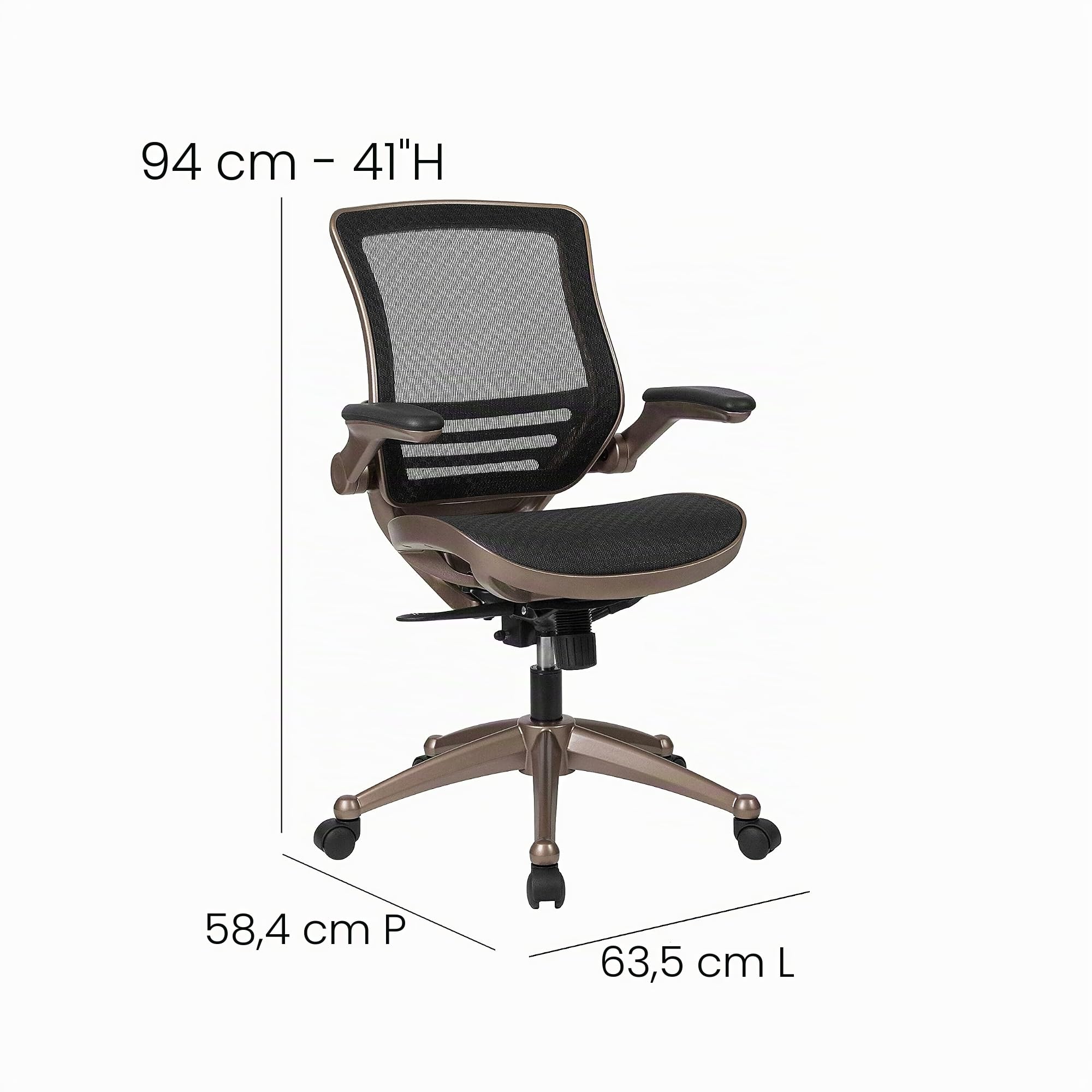 Flash Furniture Exec Mesh Mid-Back Sedia da Ufficio Girevole direzionale in Rete Nera Trasparente con Struttura in Oro Melrose e braccioli ribaltabili, Metallo, Nero, 55.88 x 62.23 x 104.14 cm