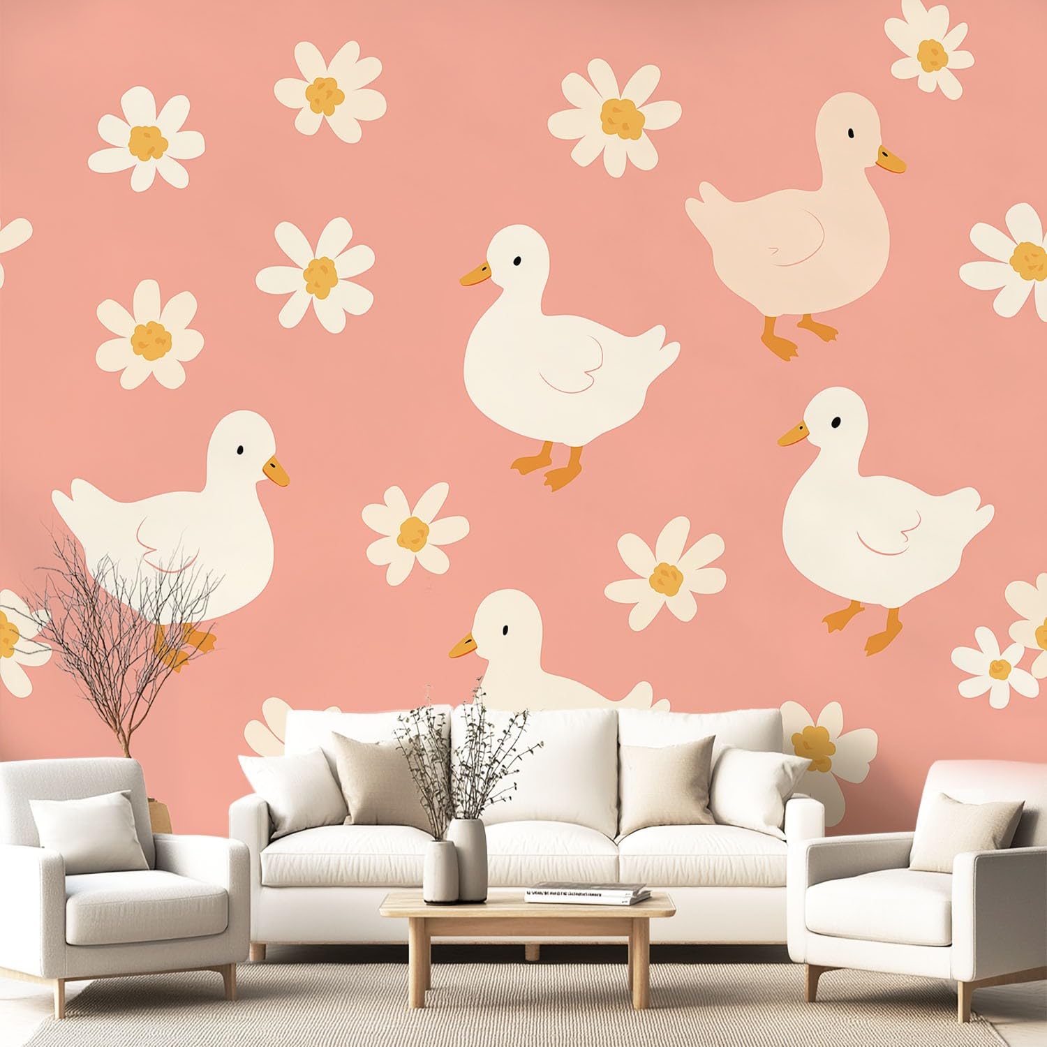 Papier Peint Panoramique Canard Rose pour Cuisine et Salon