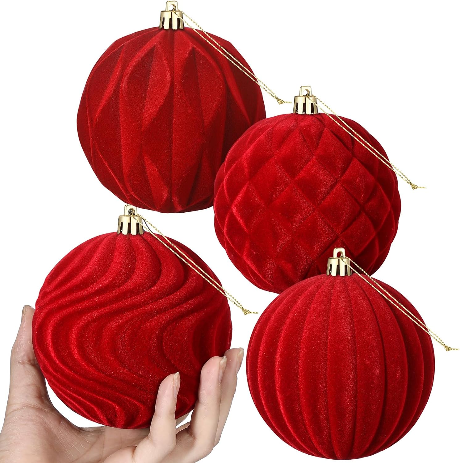 4 Pcs 4 Inch Red Large Velvet Christmas Ball Ornaments Vintage Christmas Plastic Ball Ornaments Flocked Tree Hanging Decoration for Xmas Party Wedding Home Decor