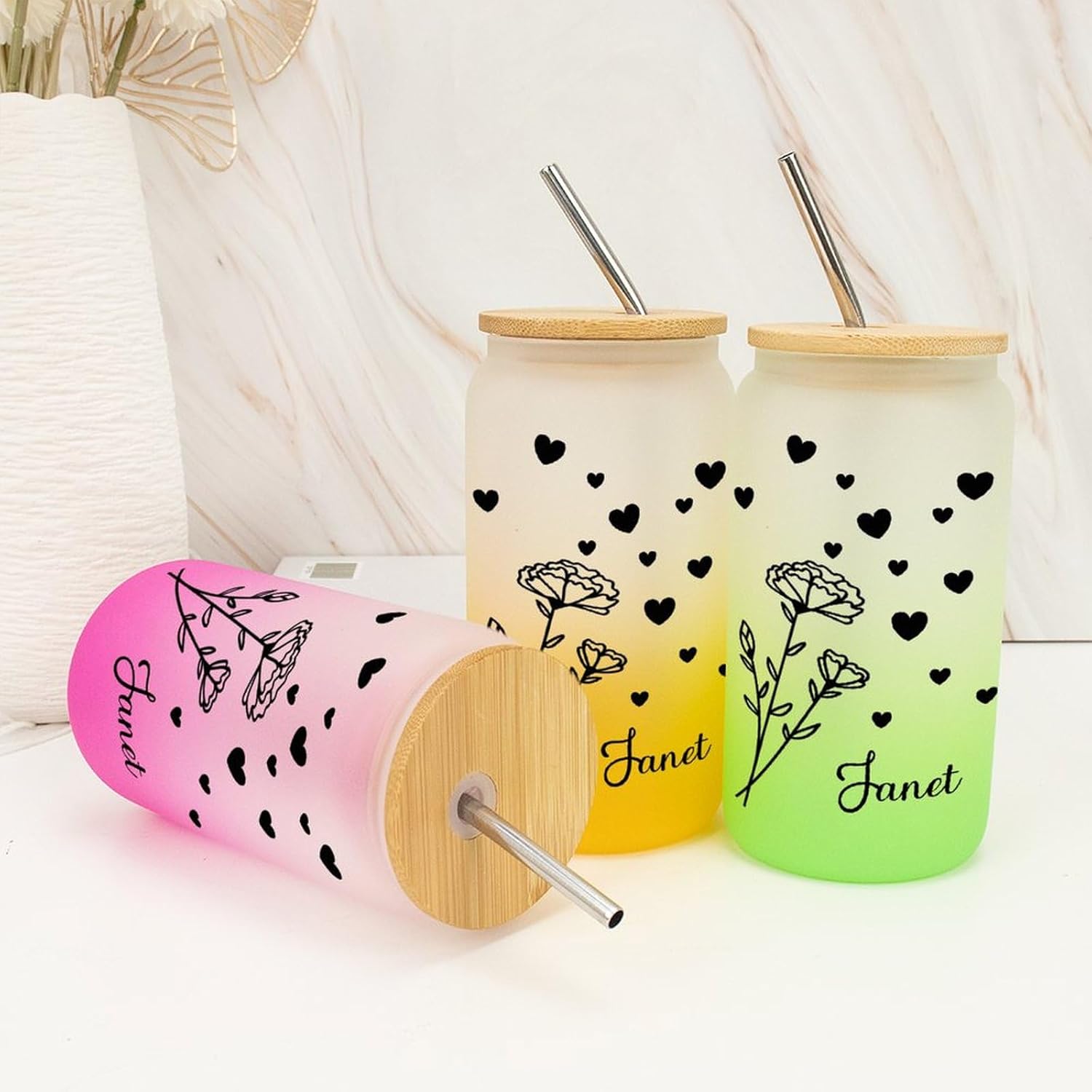 Birth Flower Frosted Glass Tumbler with Lid Custom Birthflower Frosted Tumbler Cup with Name Valentines Day Engagement Gifts for Teacher Flower Farmhouse 16oz Glass Water Bottle