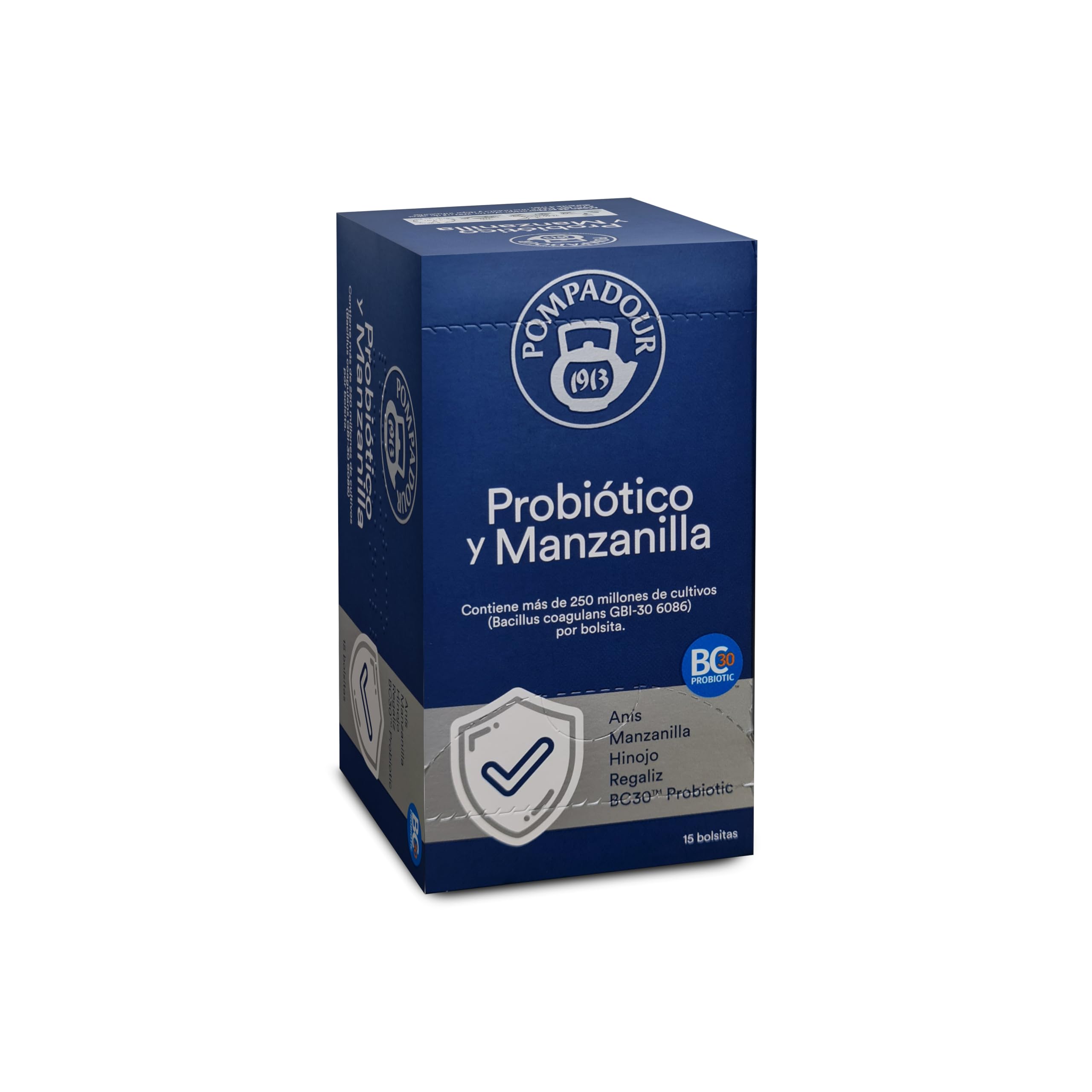 Pompadour | Probiótico y Manzanilla | Ayuda a la Flora Intestinal | Con Probiótico BC30 | Sin Teína | 15 Bolsitas de 1,75 Gr