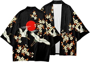 Mens 3/4 Sleeve Kimono Yukata Tops Shirts Ethnic Crane Print Japanese Style Loose Retro Casual