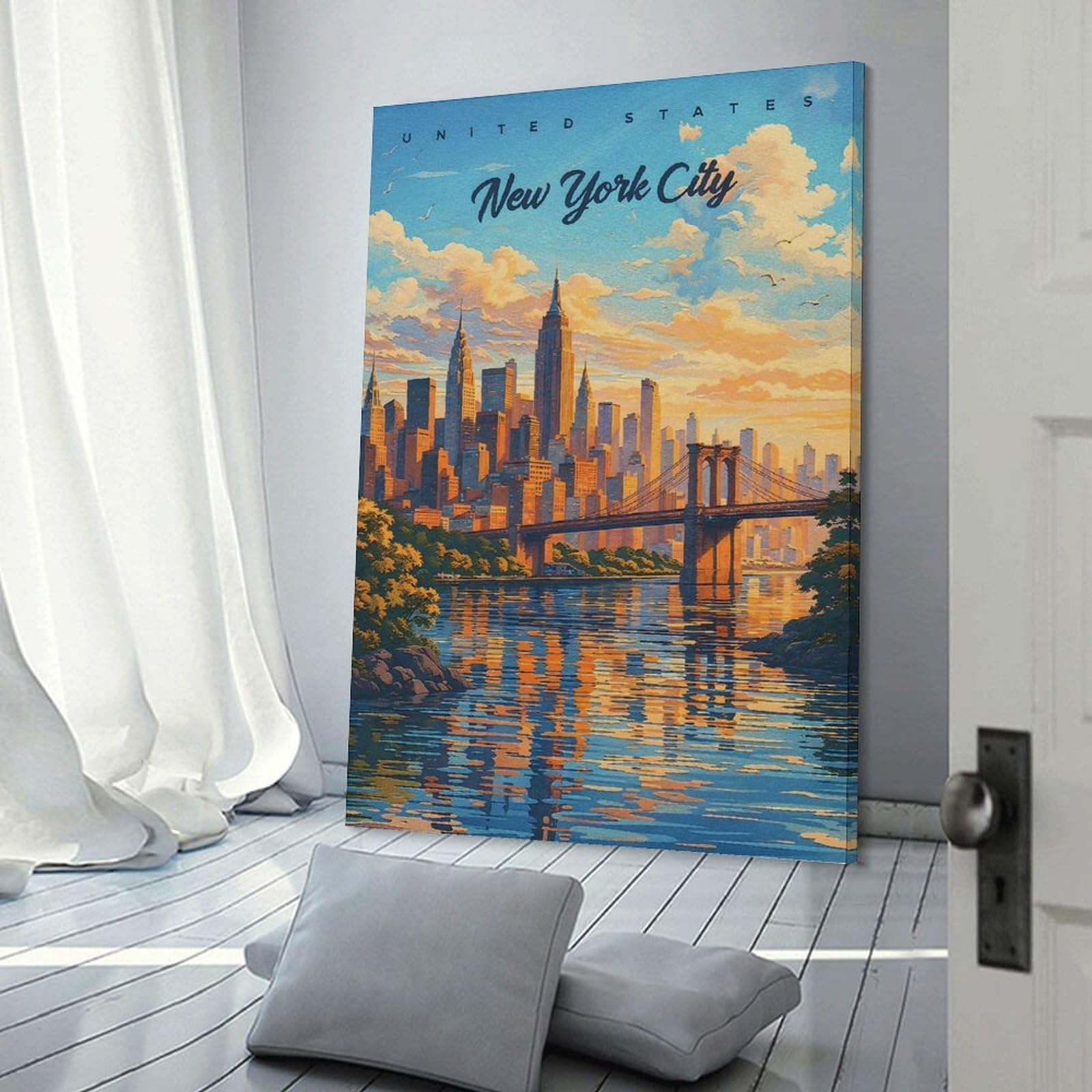 Junmoney New York City Skyline at Sunset(3) Wall Picture Print 20x30inch(50x75cm), for Corridors, Hallways Or Apartment Entries, Wall Decor to Refresh Empty Corners