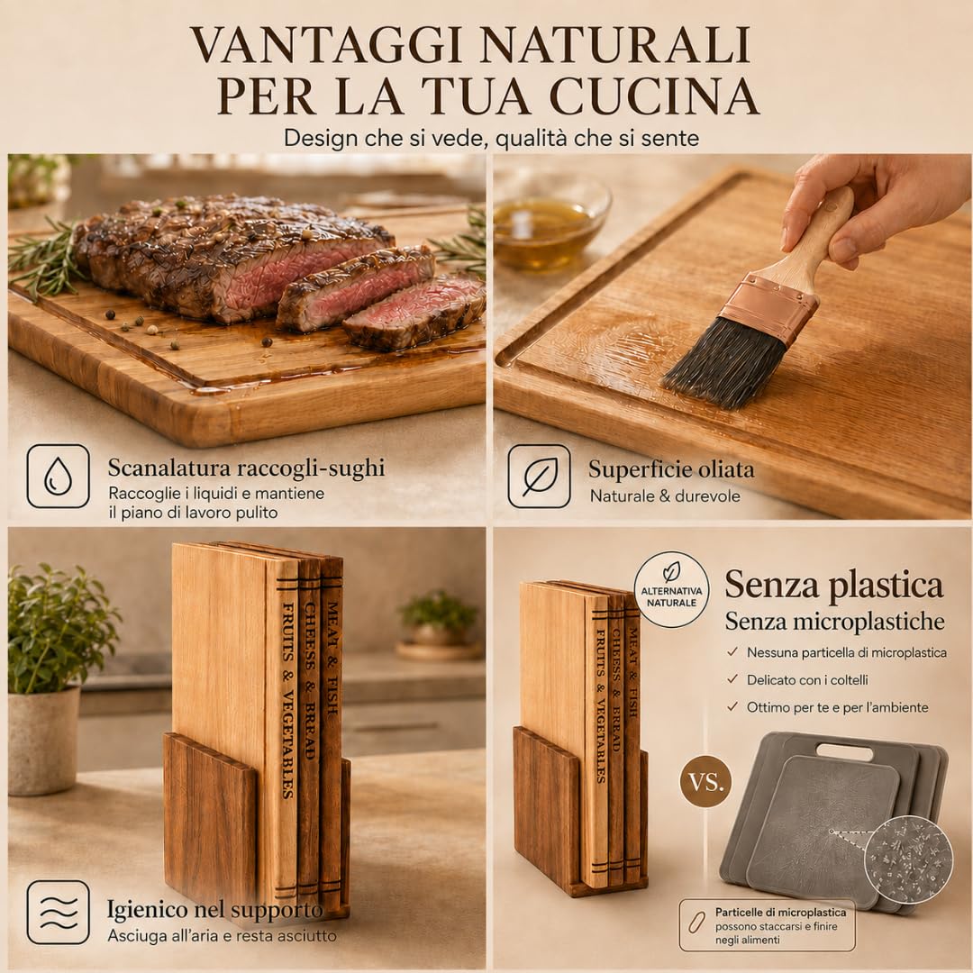 Set Taglieri da Cucina in Legno con Supporto – 3 Taglieri in Rovere, Acacia ed Ebano – Tagliere Legno Massello per Cucina con canalina – Senza Plastica, Design Salvaspazio in Stile Libreria