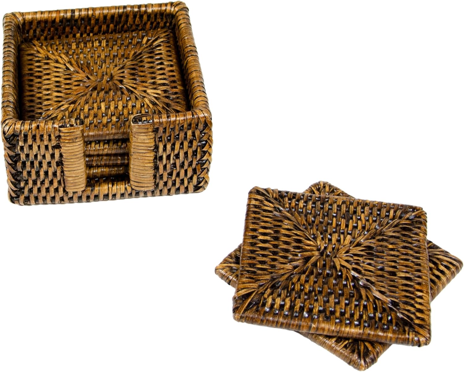 Caspari Rattan Square Coaster and Holder Set in Natural – 6 Handwoven Drink Coasters with Matching Holder, Durable Double-Weave Rattan Table Accessories