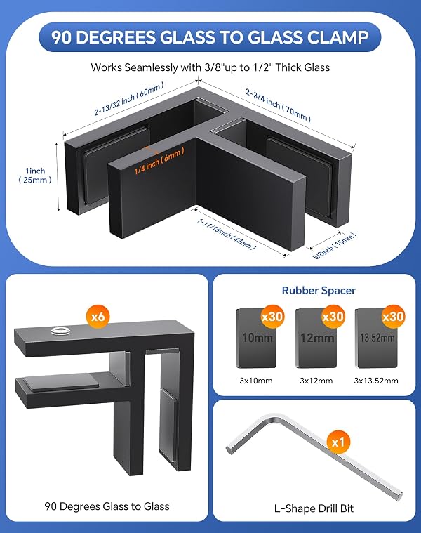 6 Pack Glass Clamp, 90 Degree Railing Clamp, 304 Stainless Steel Railing Clip for 3/8"-1/2" Thickness Glass, Double Sided Balustrade Bracket Holder for Fence, Deck by Tafbrik - Image 2