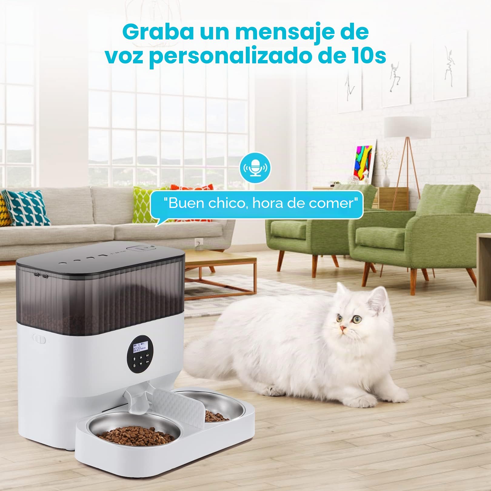 Sailnovo Comedero Automático para Dos Gatos, Dispensador de Comida Seca para Mascotas, Recordatorio de Voz 10s, hasta 80 Porciones y 4 Comidas al Día para Perros y Gatos, Blanco-5L
