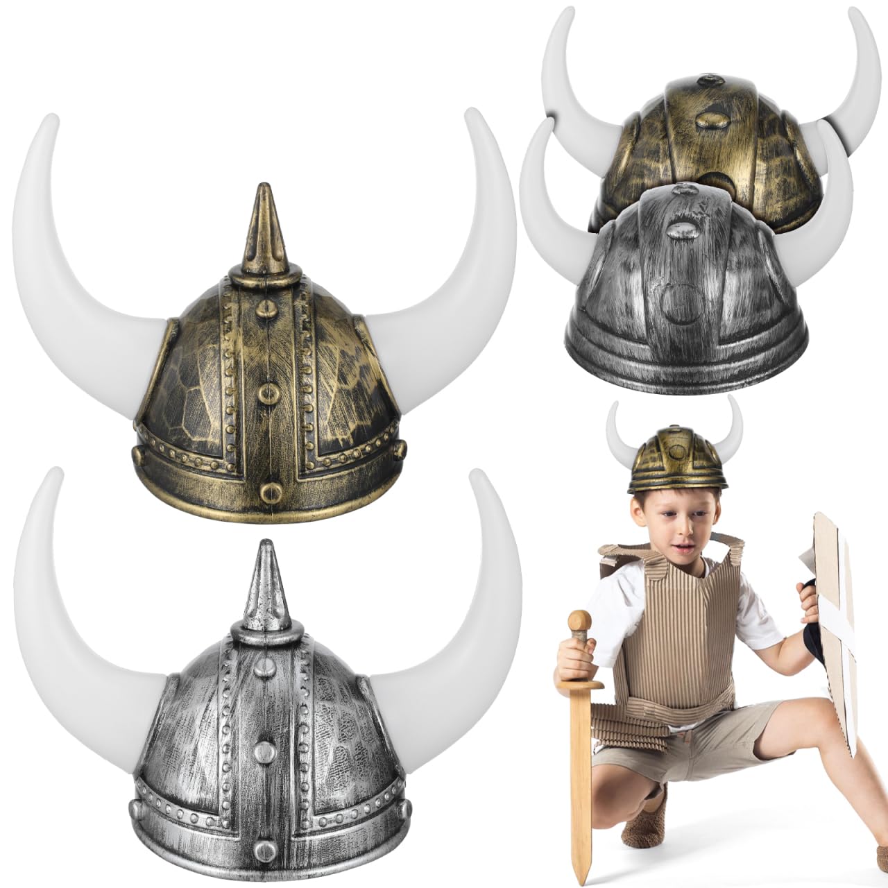 ULTECHNOVO 4pcs Viking Helmet Horned Hats, Medieval Viking Hat Accessories for Halloween Cosplay, Festival Parties, Family Gatherings, Lightweight Comfortable Party Props
