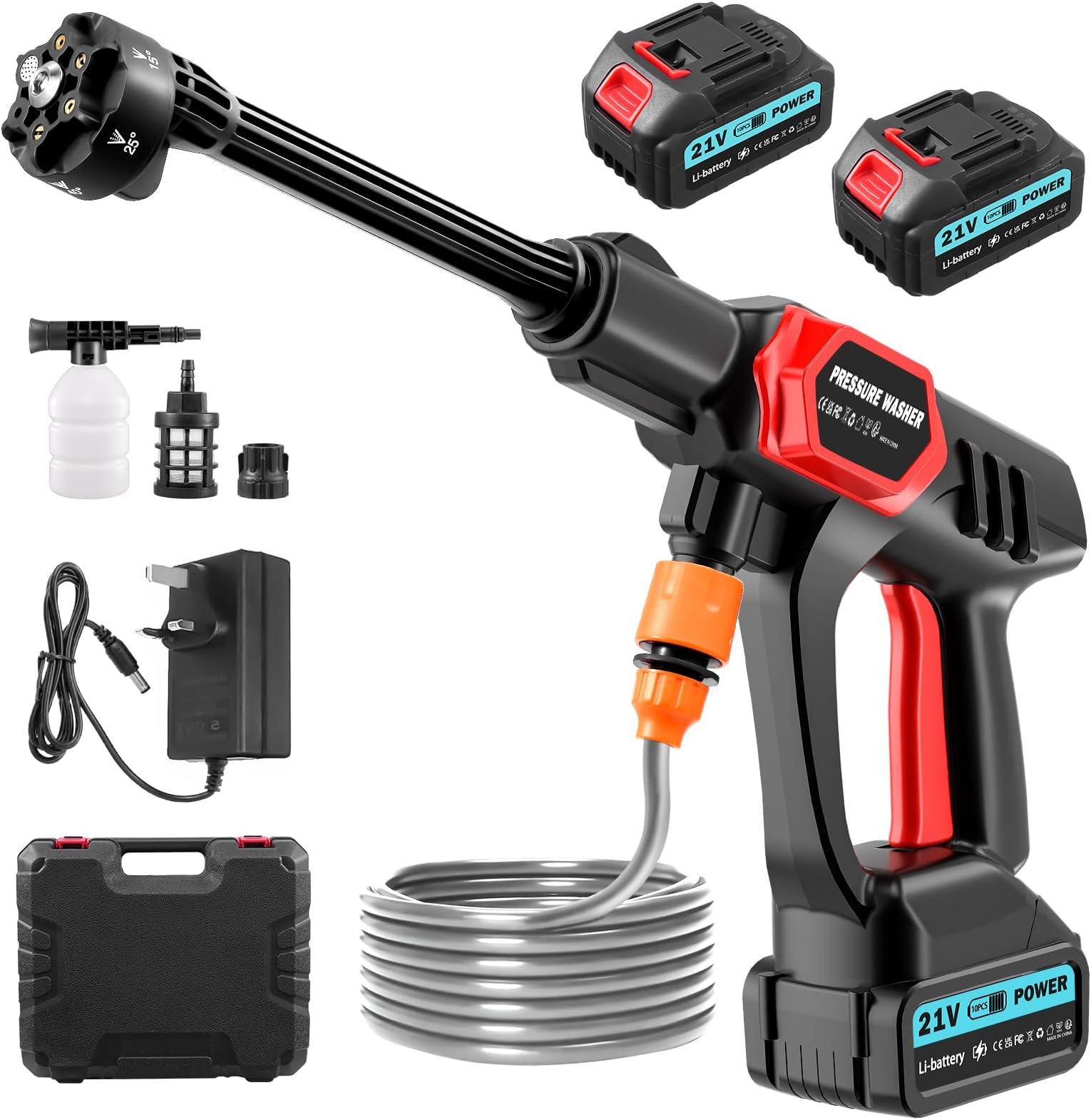 Cordless Power Washer, 21V Portable Power Washer with 80 Bar Pressure, 10m Spray Reach For Patio, for Car/Floor/Garden Cleaning & Watering