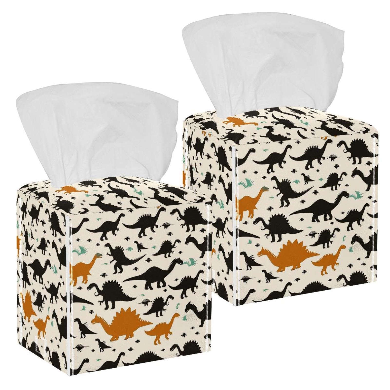 Dinosaur Silhouettes Tissue Box Cover, 2 Pack PU Leather Square Facial Tissue Dispenser Box holder for Home Office Car