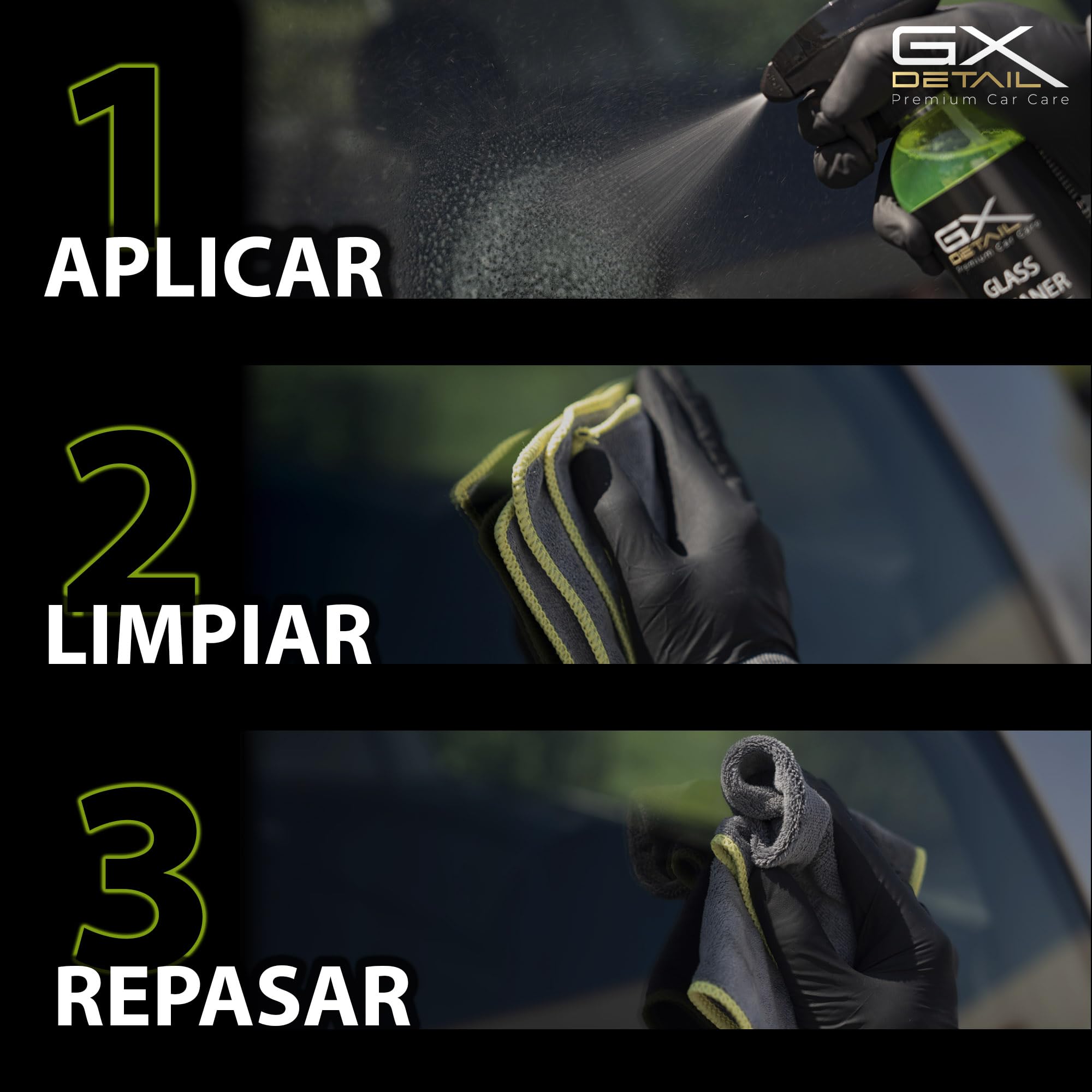 GxDetail Limpiacristales Coche 5 Litros - Glass Cleaner - Incluye Guantes de Nitrilo y 2 Microfibras - Limpia Cristales Triple Acción - Sin Marcas - Limpia Cristales Profesional – Formula con Alcohol