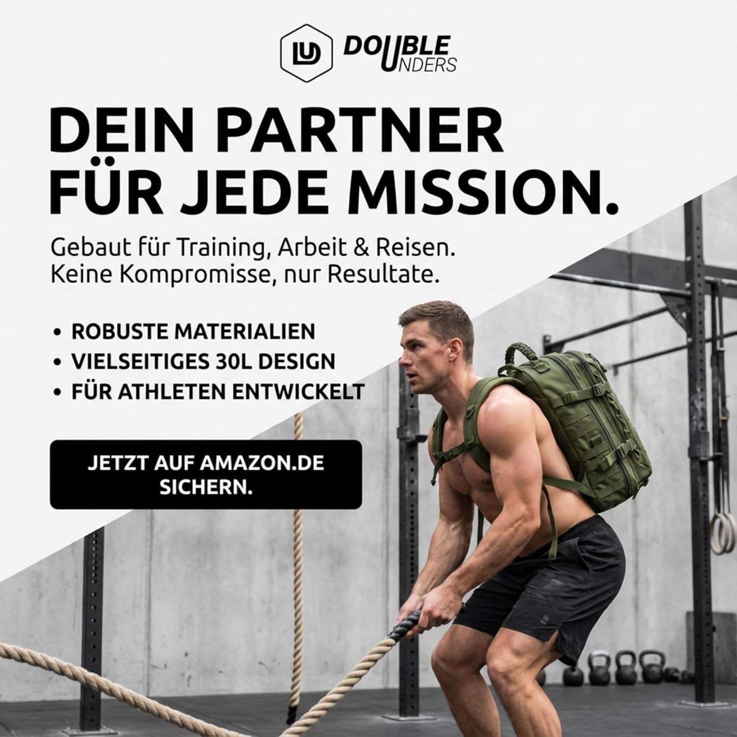 DoubleUnders - Taktischer Rucksack 30L mit MOLLE & Laptopfach – 500D Nylon, wasserabweisend, Militär-Reißverschlüsse, ergonomisch – Outdoor Tagesrucksack für Wandern, Training & Alltag - Grün