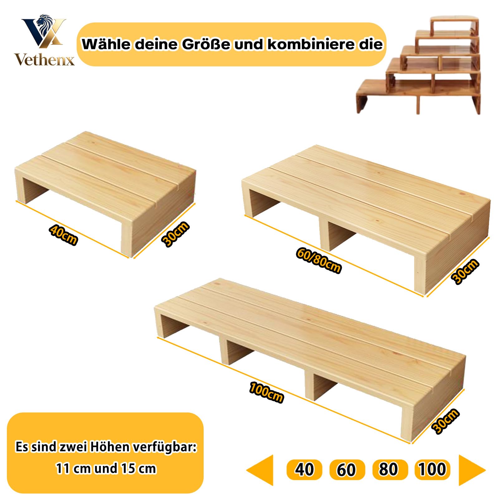 Bett Schritte für hohe Betten für Erwachsene,Tragbare Steighilfe Treppen Stufe,Tritthocker aus massivem Holz,Starke Tragfähigkeit,Keine Montage erforderlich ideal für ältere Menschen（100×30×15）